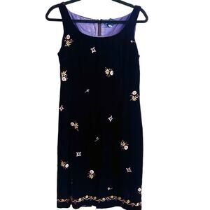 ANN TAYLOR Vintage Dark Purple Velvet Silk Embroidered Beaded Floral Dress Sz 4